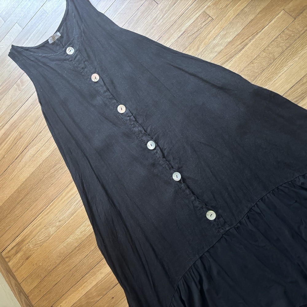 Bellambra Made In Italy Women's M Black Sleeveless Tiered Linen Midi Dress Lagen